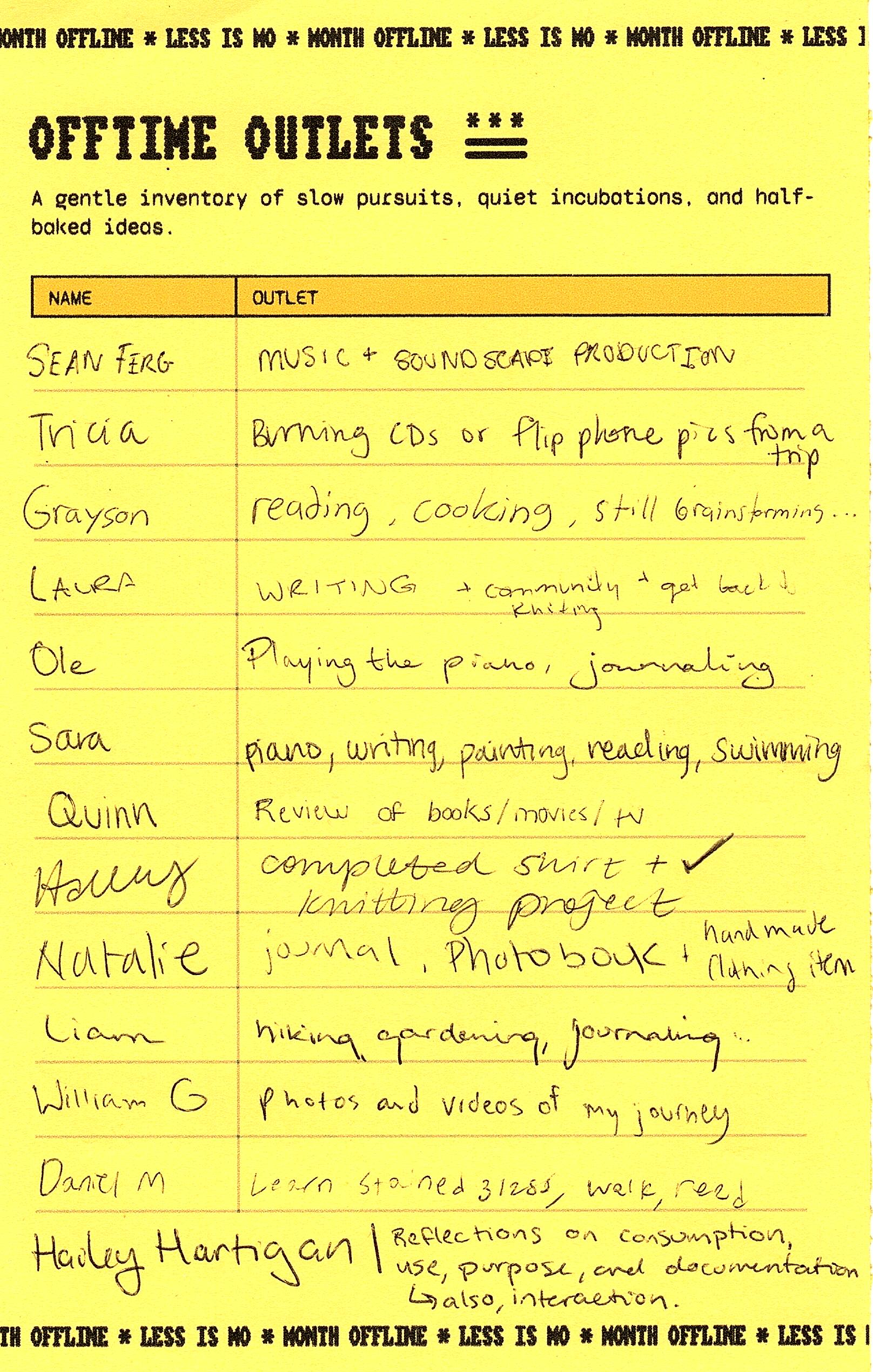 A handwritten Offtime Outlets sign-up sheet listing participants and the slow pursuits they chose